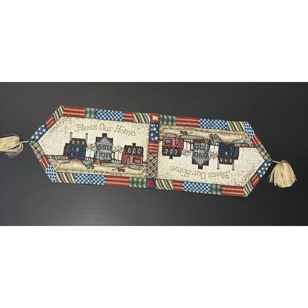 BLESS OUR HOME- Tapestry Table Runner! Americana Country Home Rustic